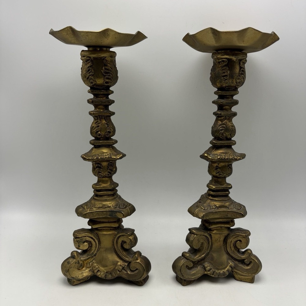 Pair Vintage Ornate Brass Look Candlesticks Heavy Large Baroque Gothic Decor 19"